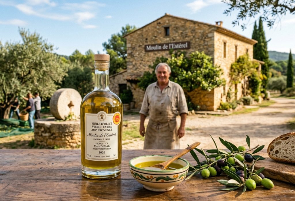 Bouteille d'huile d'olive, avec un bol, en provence