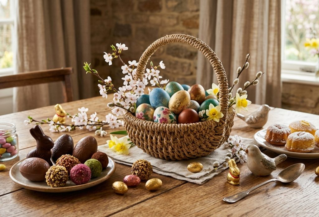 Panier remplis d’œufs de Pâques sur une table