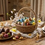 Panier remplis d’œufs de Pâques sur une table